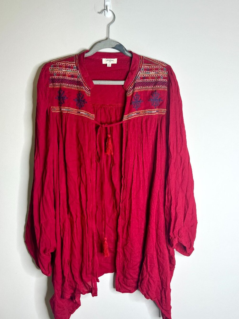 Umgee Red Embroidered Boho Tie Duster Cardigan Oversized Slouchy Aztec Sz M